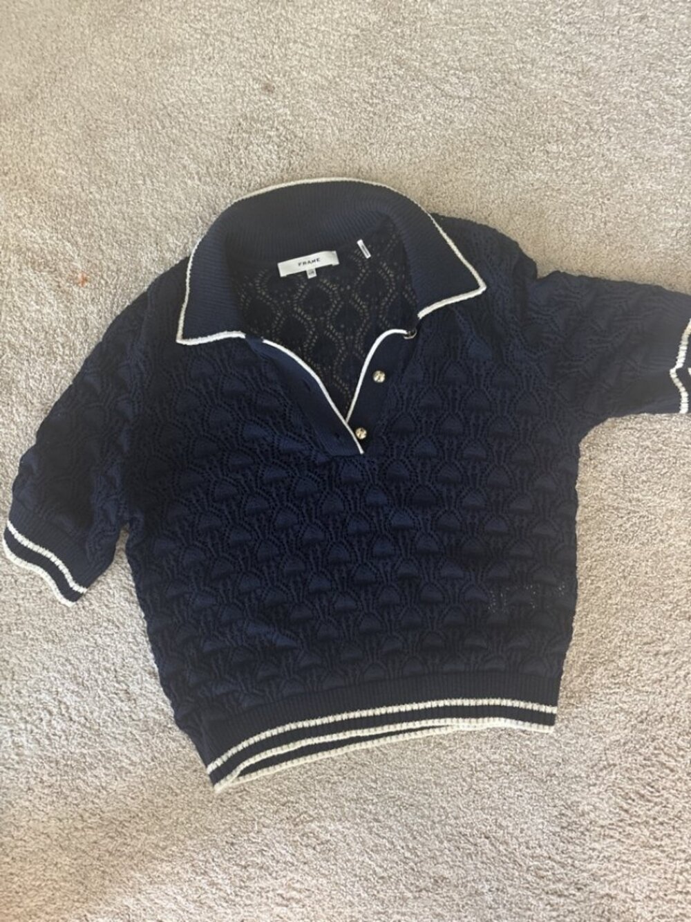 FRAME Navy Pointelle Knit Polo Sweater